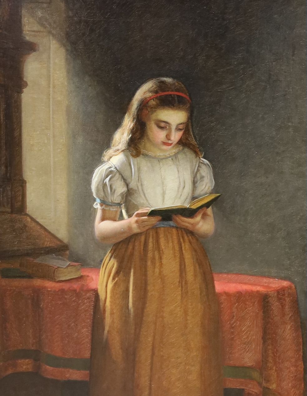 Richard Crafton Green (1848-1934), oil on canvas, Young girl reading, signed and dated 1877, label verso, 45 x 34cm
